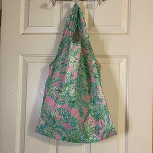 Lilly Pulitzer Pink and Green Tropical Print Fabric bag with 4 matching tumblers